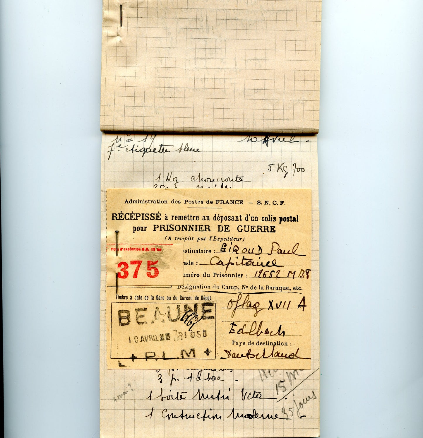 carnet avec récépissés de colis d'un officier prisonnier en OFLAG 1940-41