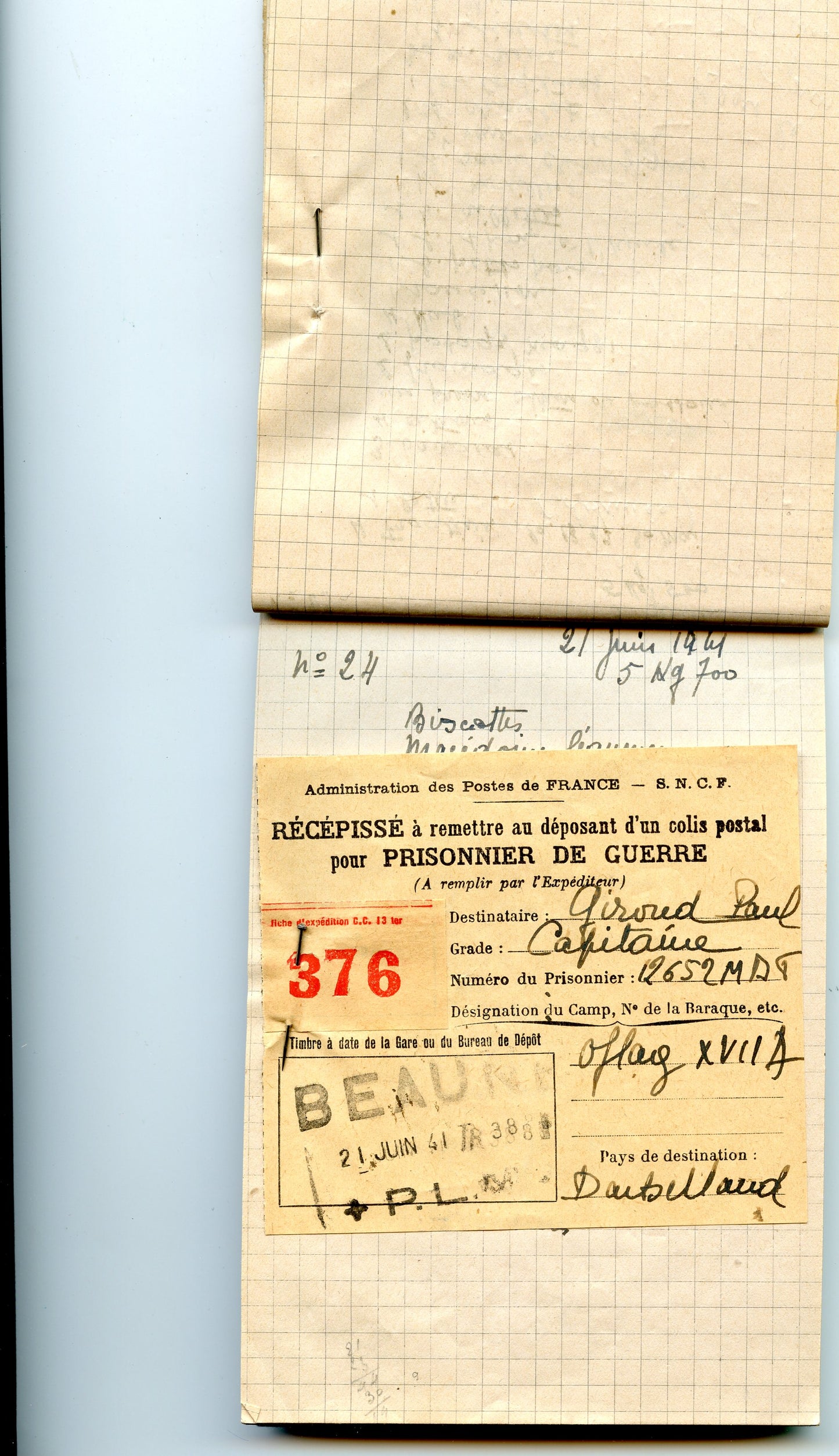 carnet avec récépissés de colis d'un officier prisonnier en OFLAG 1940-41