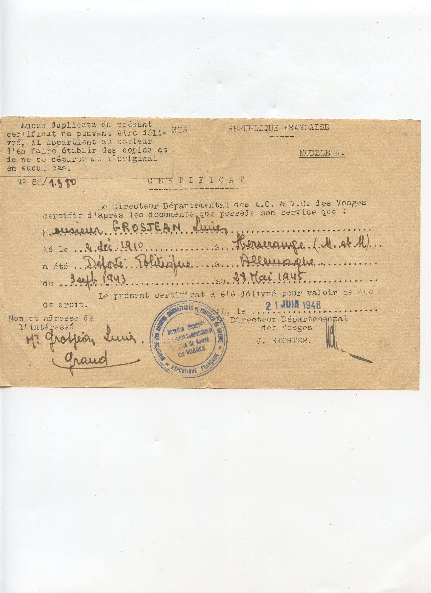 deux certificats d'un déporté politique à Dachau, résistance 1939-45