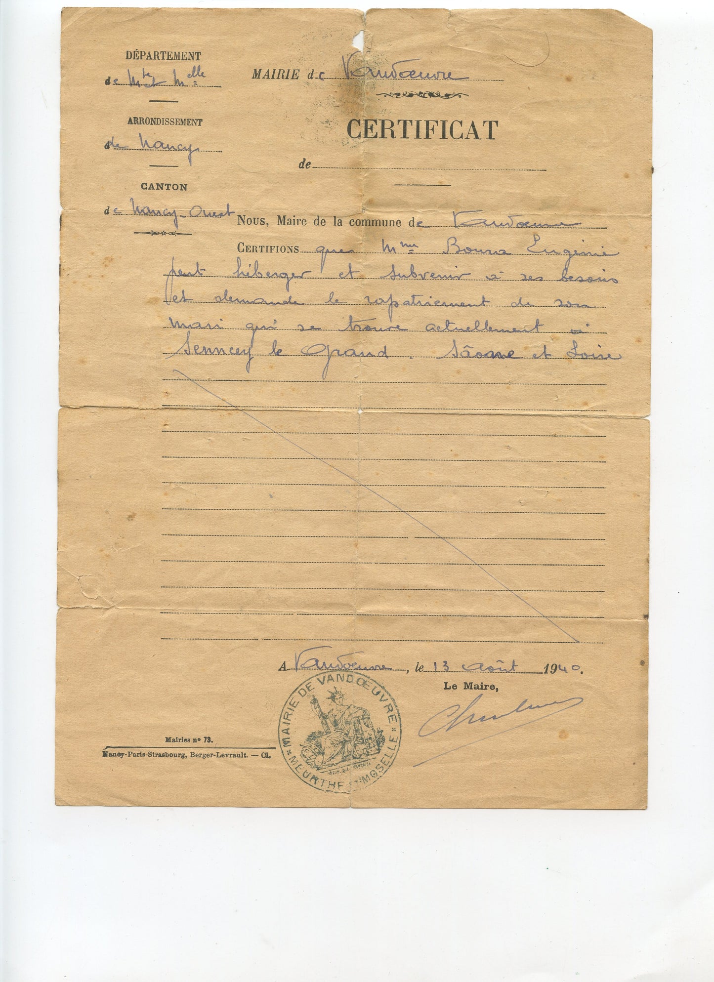 certificat demande de rapatriement d'un mari en Zone libre vers Nancy, tampon allemand 1940