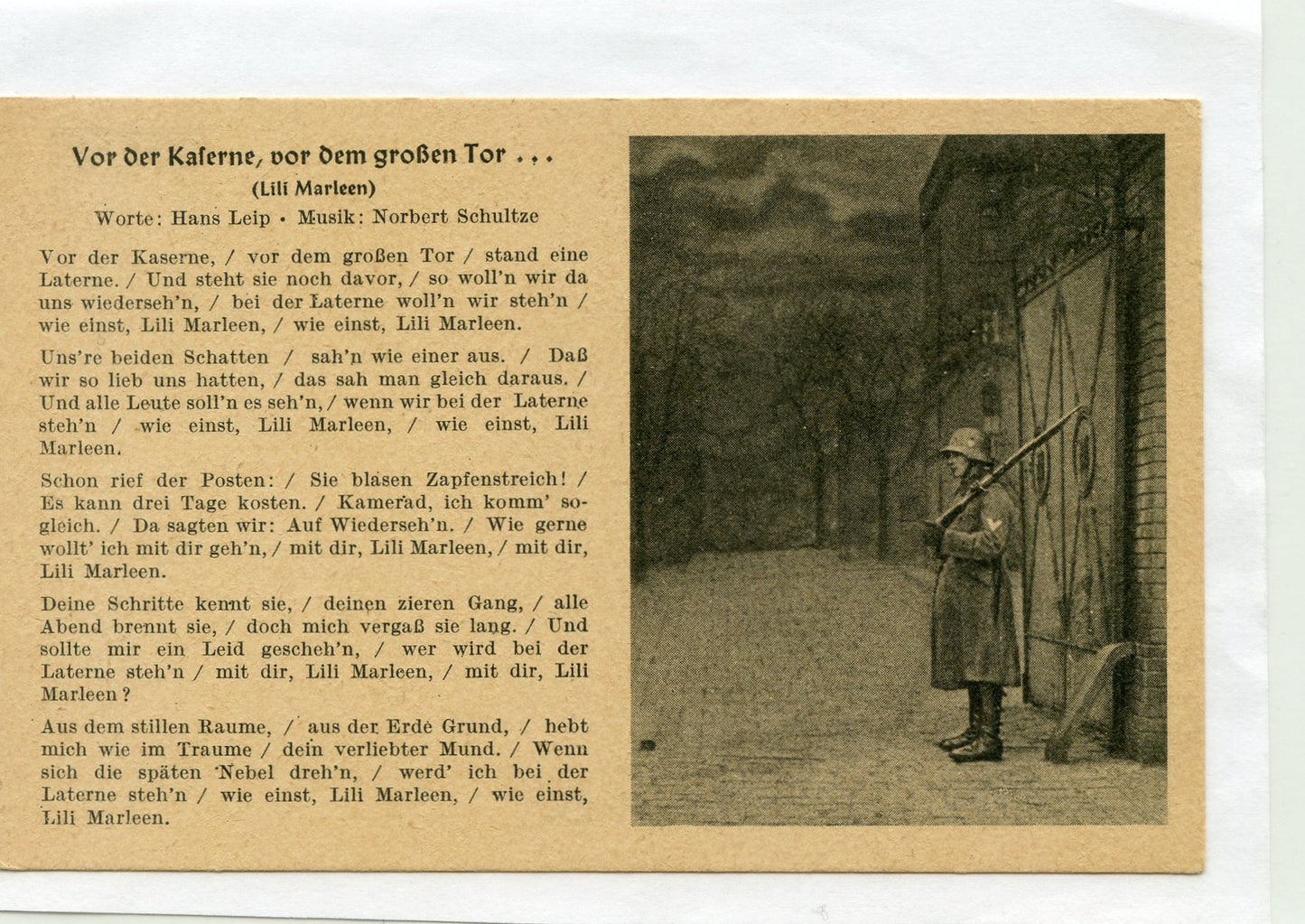 carte postale allemande paroles du chant Lili Marleen 1939-45