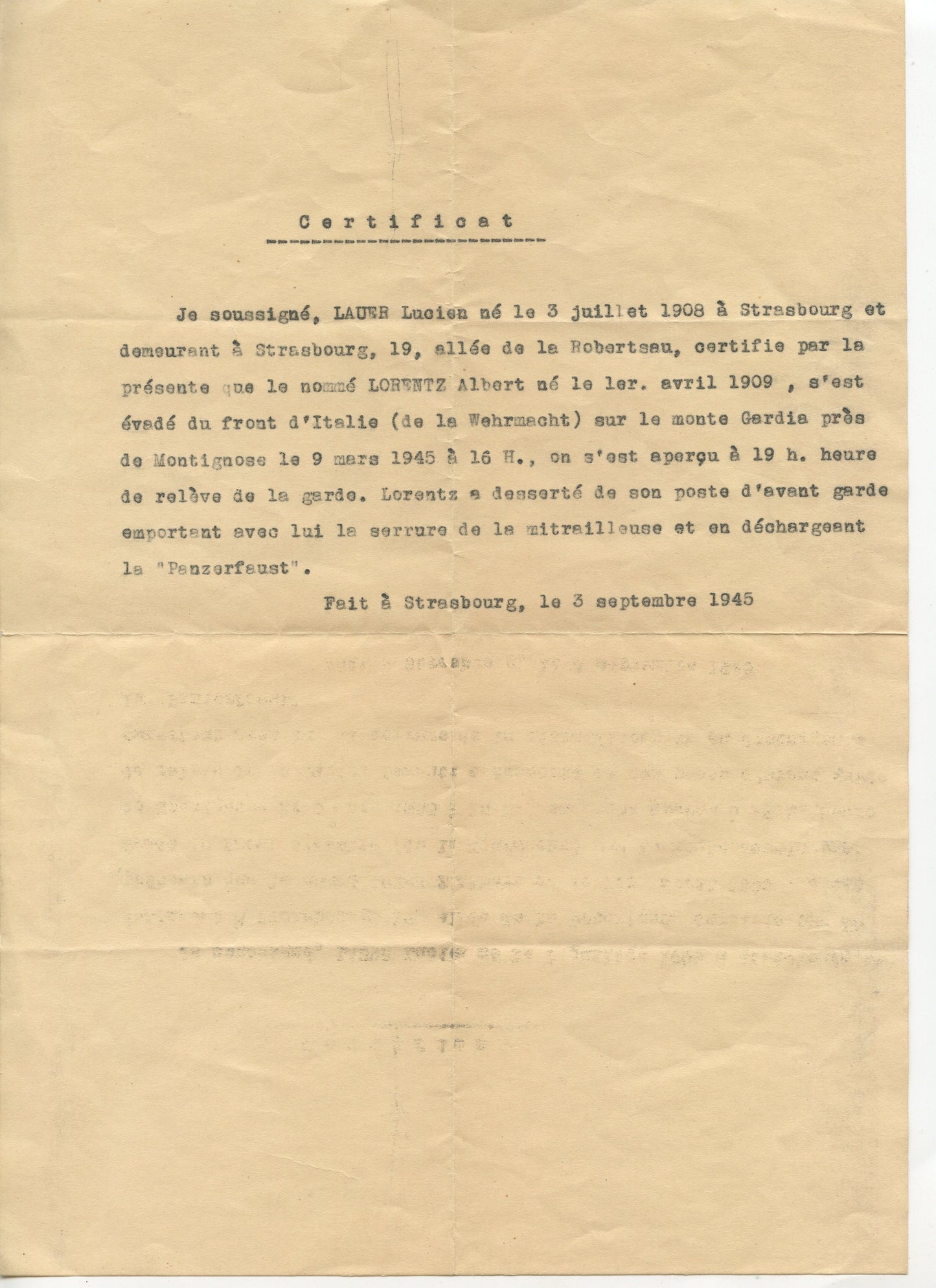 attestation d'un malgré-nous alsacien concernant la désertion d'un camarade, neutralisation du Panzerfaust !1939-45