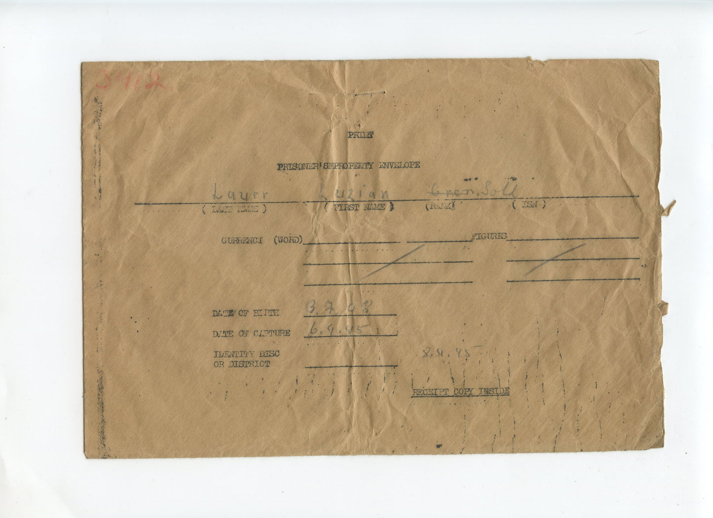 pochette américaine pour les effets personnels d'un prisonnier alsacien malgré nous, Italie 1945 avec demande carte du combattant complète