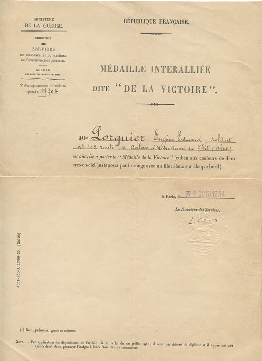 2 diplômes de modèles différents de la médaille interalliée pour le même poilu 1914-1918