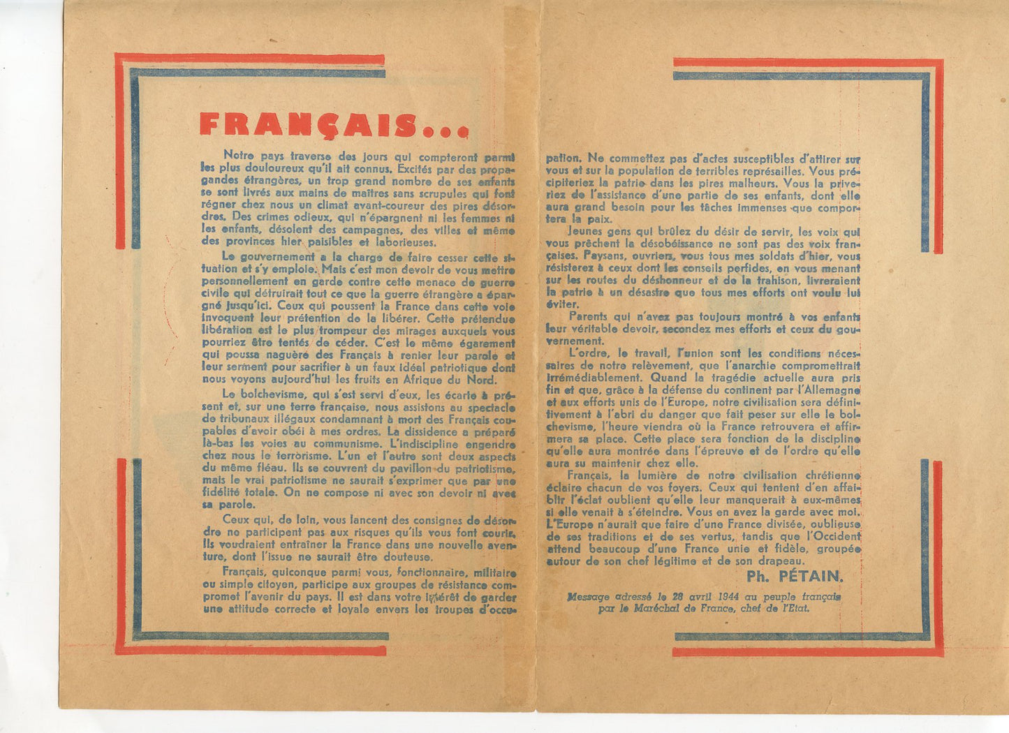 message du 28 avril 1944, Etat Français, Maréchal Pétain