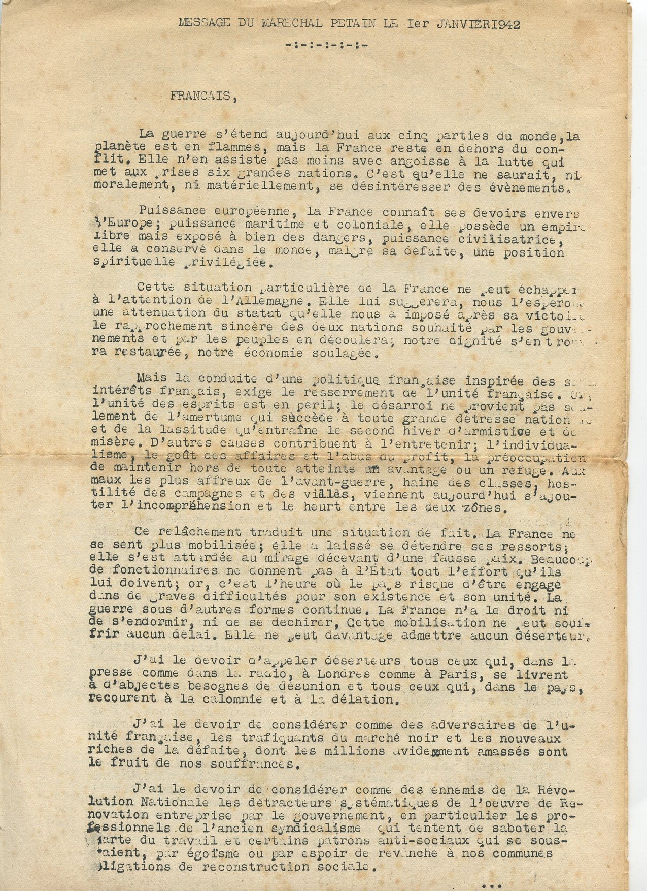 Message du Maréchal Pétain 1er janvier,  Etat Français 1942, 3 pages