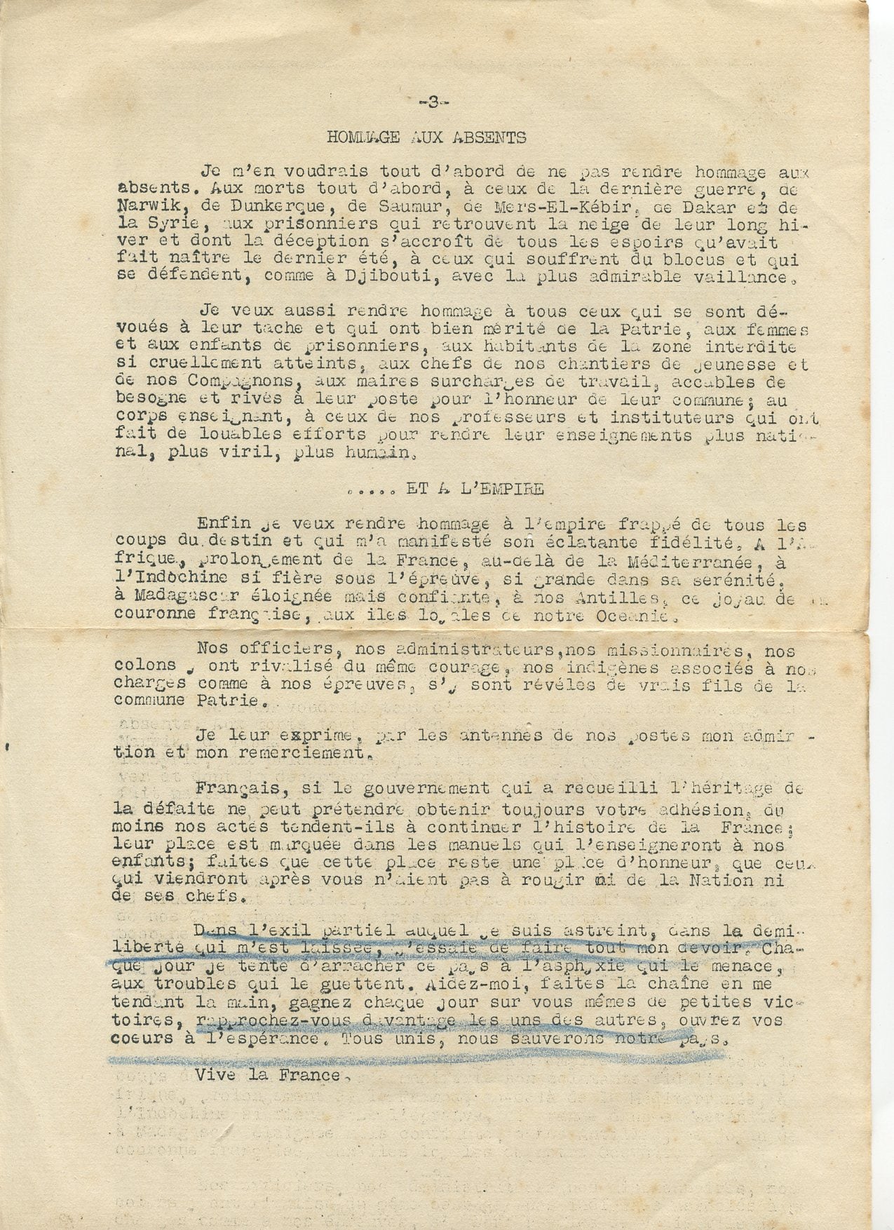 Message du Maréchal Pétain 1er janvier,  Etat Français 1942, 3 pages