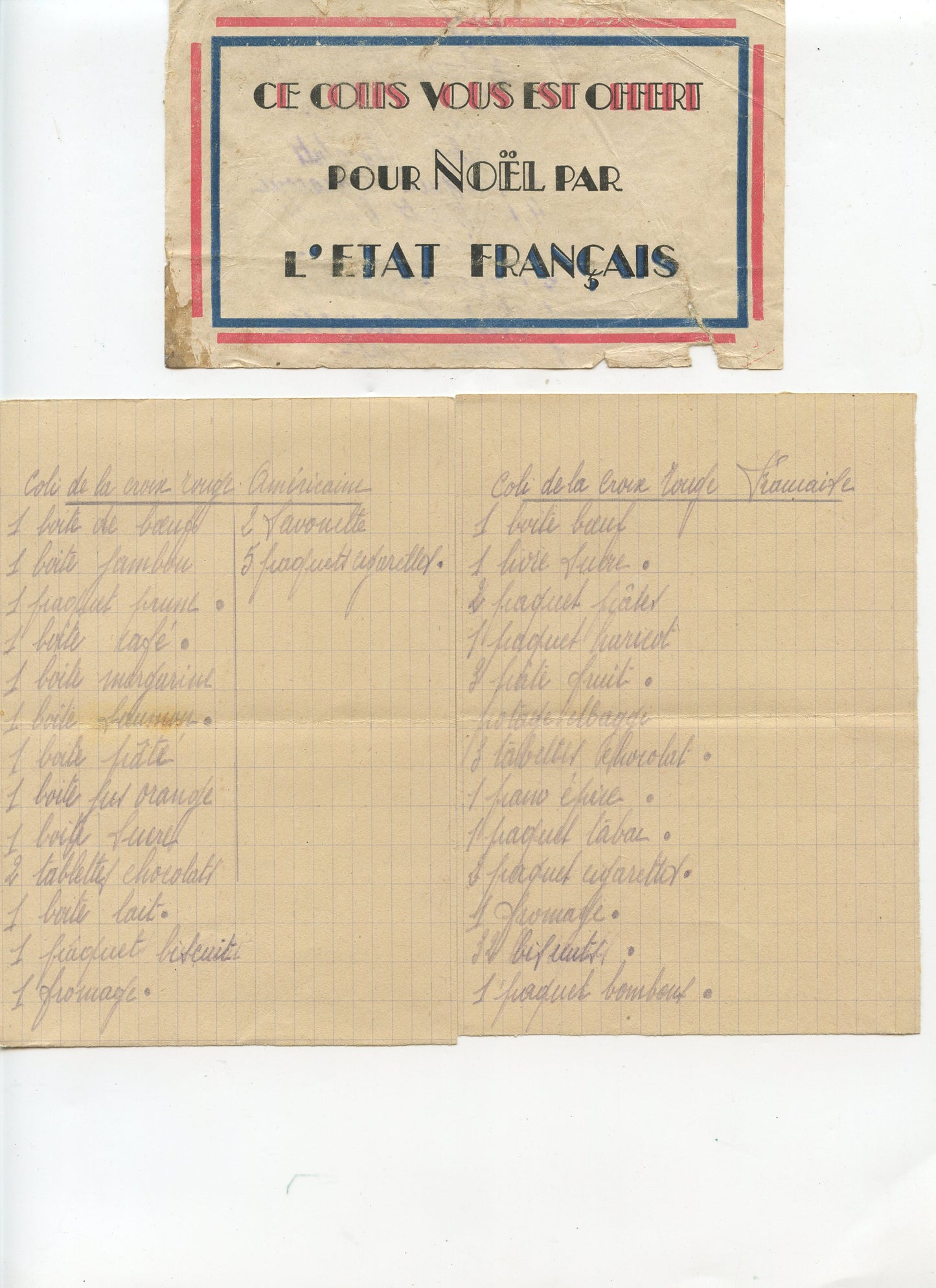 documents colis pour le noël des prisonniers Etat Français 1940-44