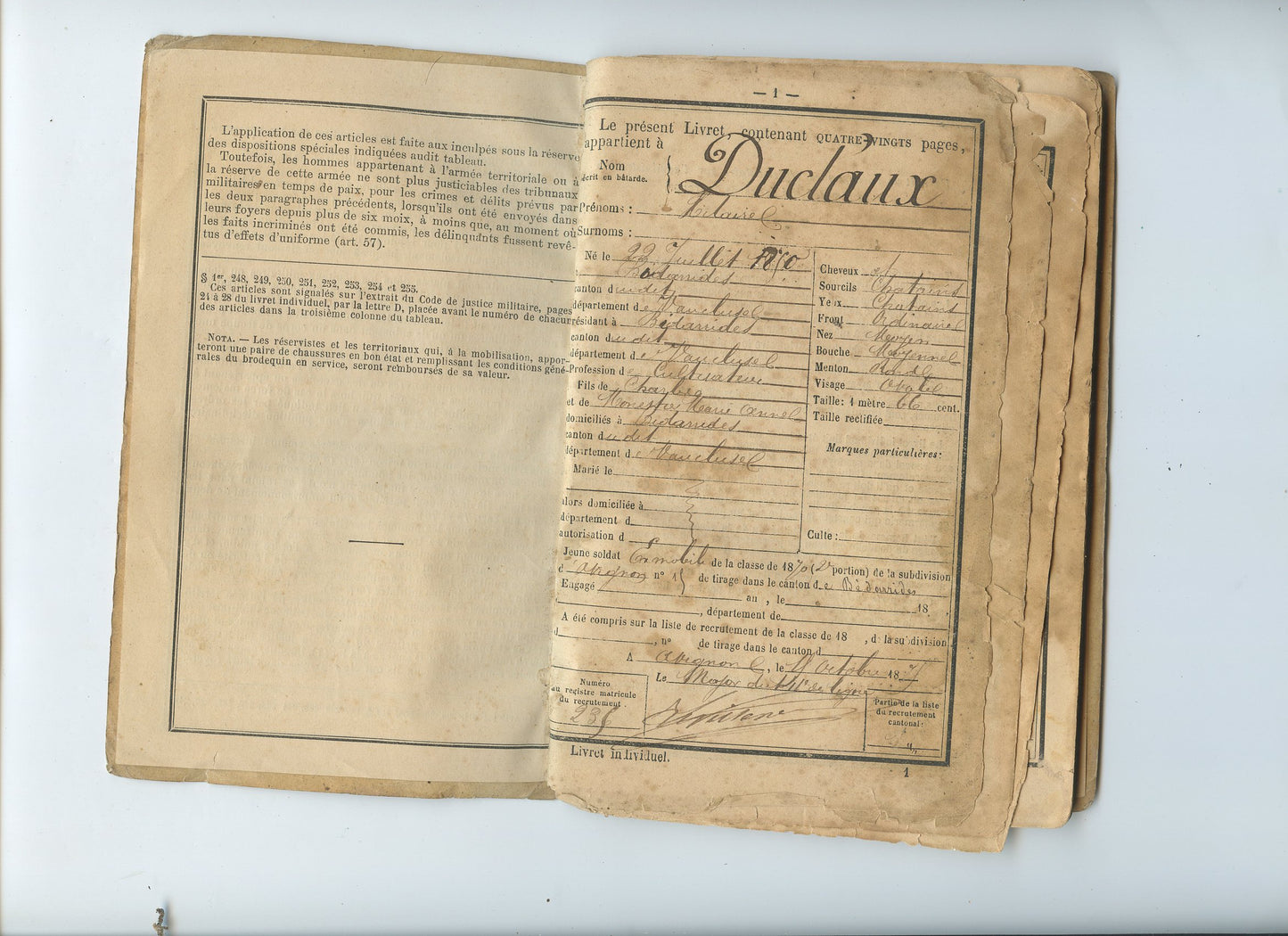 livret militaire et diplôme médaille 1870-71 d'un soldat du Vaucluse