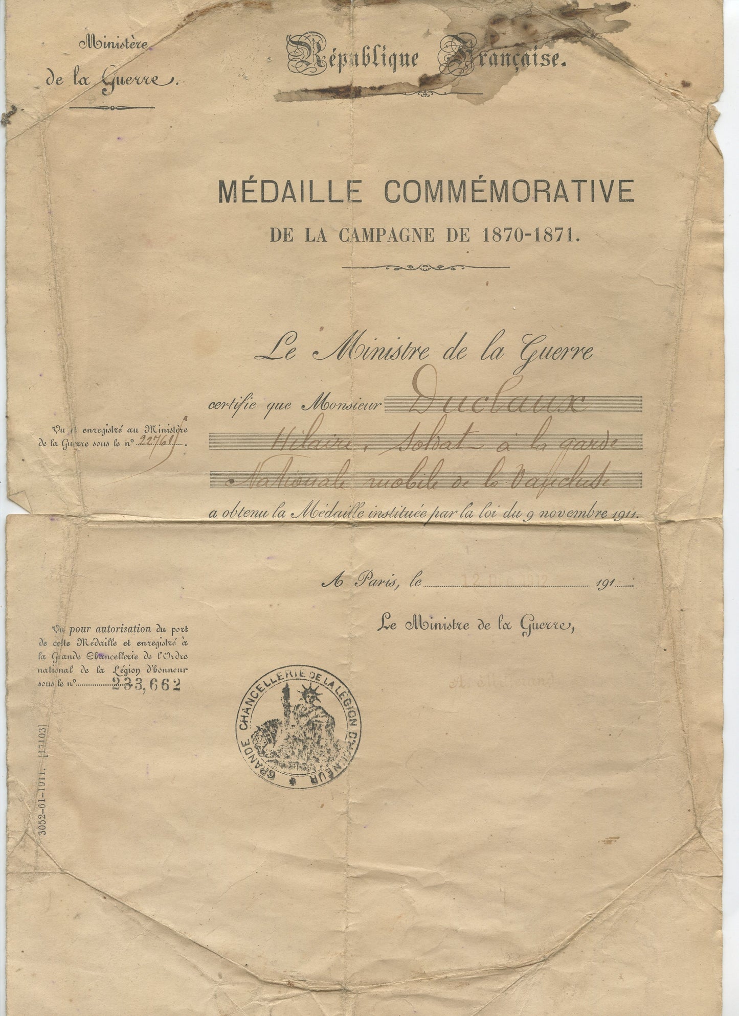 livret militaire et diplôme médaille 1870-71 d'un soldat du Vaucluse