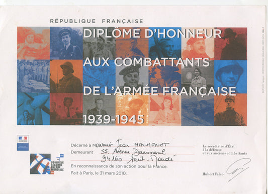 diplôme d'honneur aux combattants de l'armée française 1939-1945, 2010