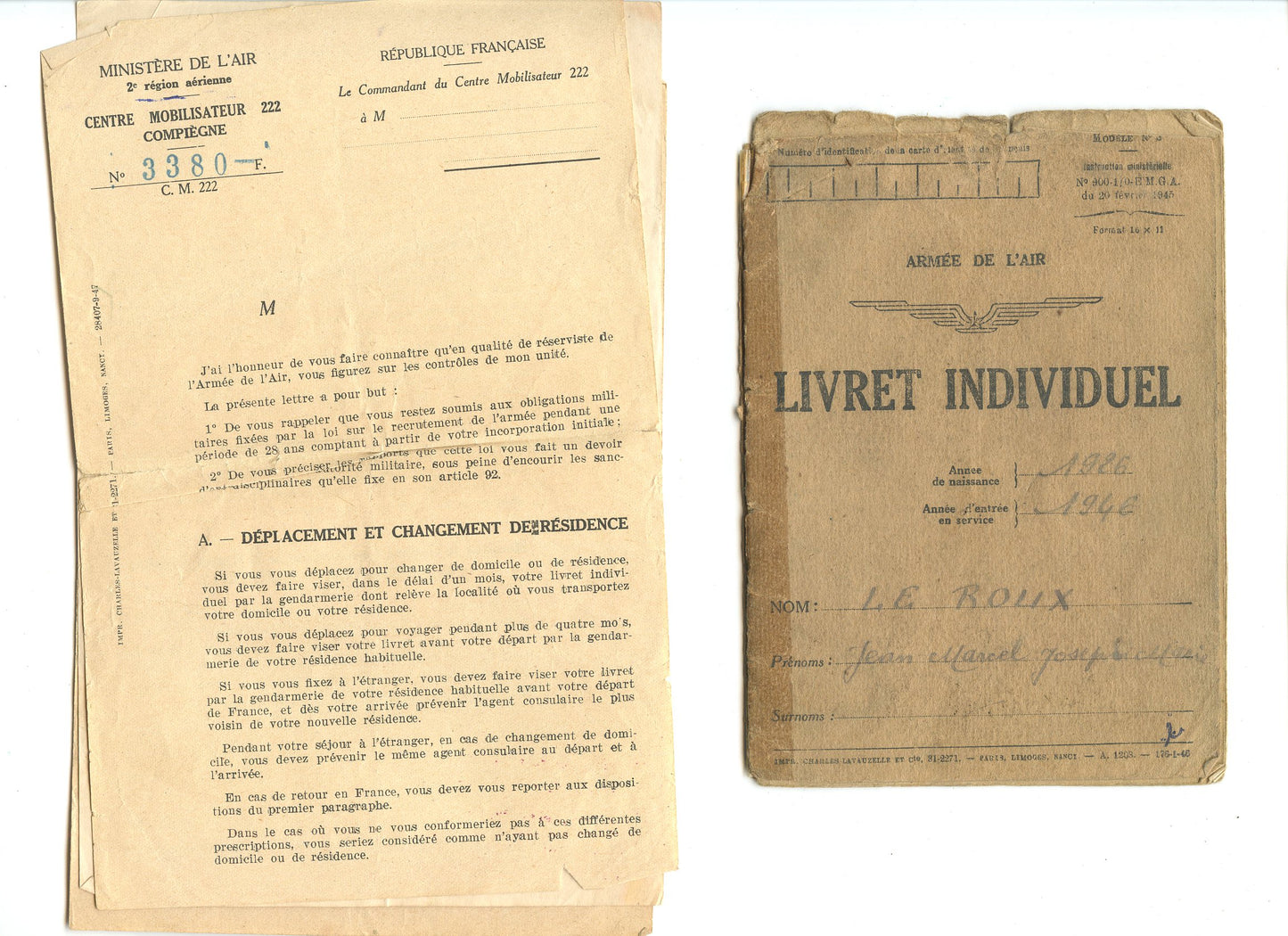 livret militaire d'un aviateur classe 1946 avec papiers Allemagne 1947