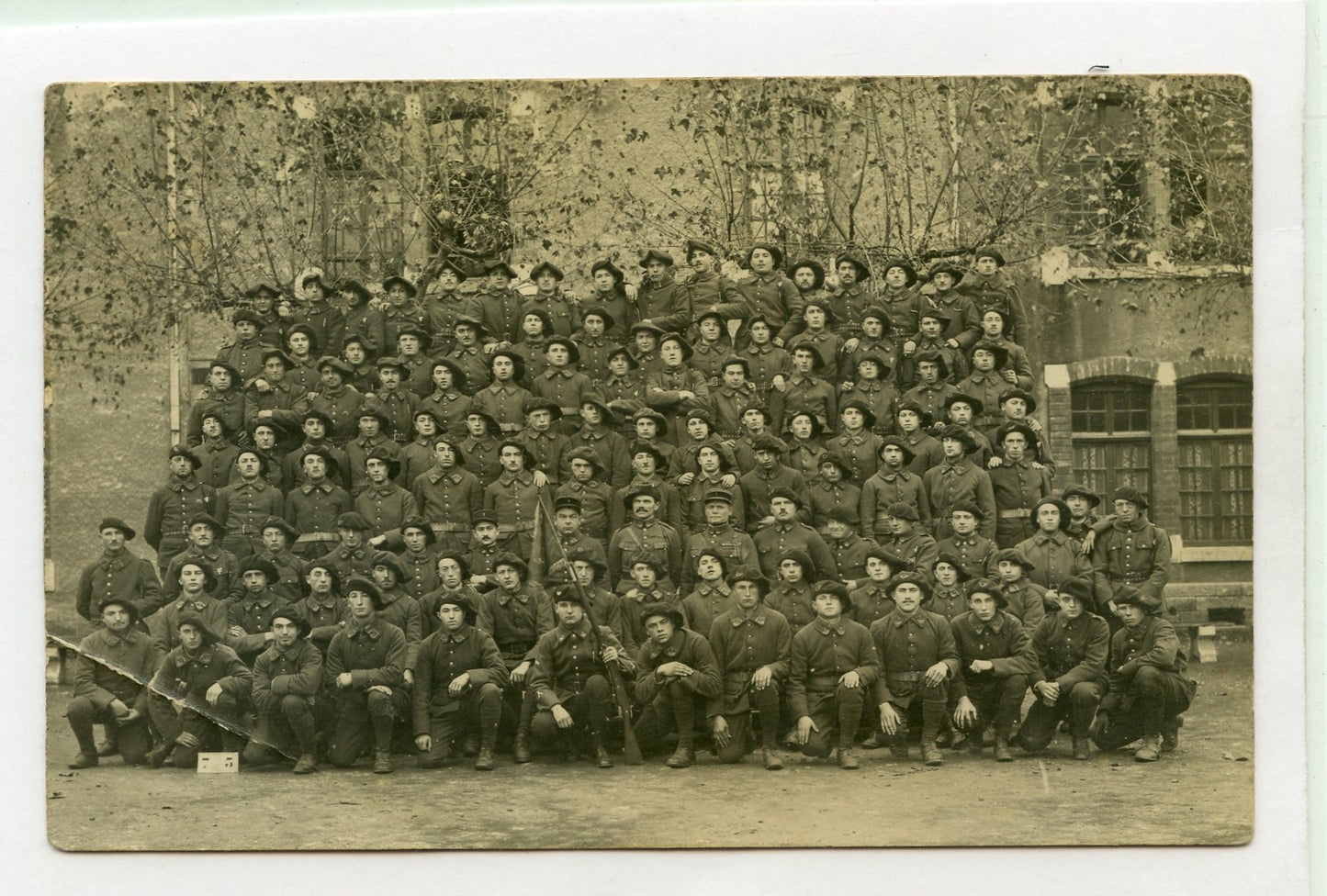 carte photo d'une compagnie du 7° bataillon de chasseurs alpins vers 1920 fanion