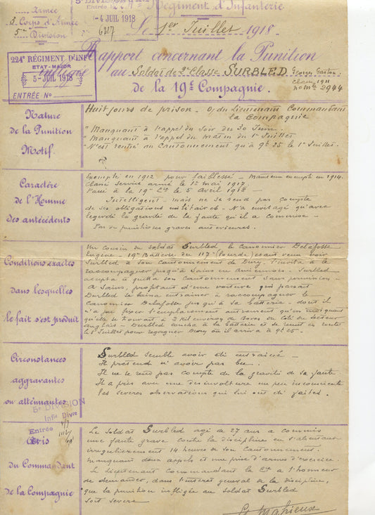 rapport de punition pour un soldat du 224°Rgt d'infanterie 1918