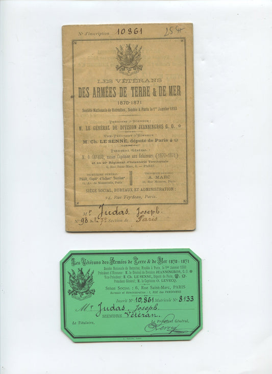 livret et carte d'adhèrent d'un vétéran de la guerre de 1870-71
