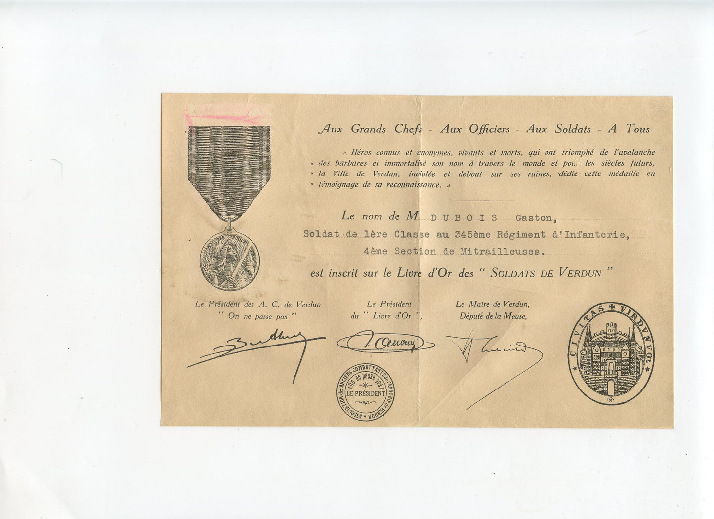 diplôme de la médaille de Verdun à un mitrailleur du 345° régiment d'infanterie