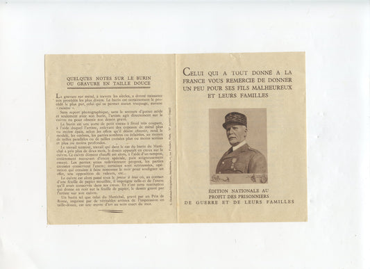 tract gravure du maréchal Pétain vente au profit des prisonniers Etat Français 1940-45