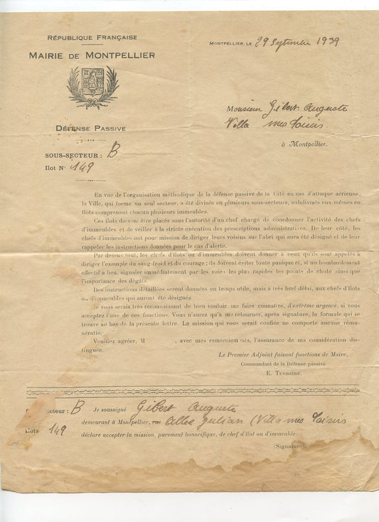 courrier Défense Passive de Montpellier 1939-45