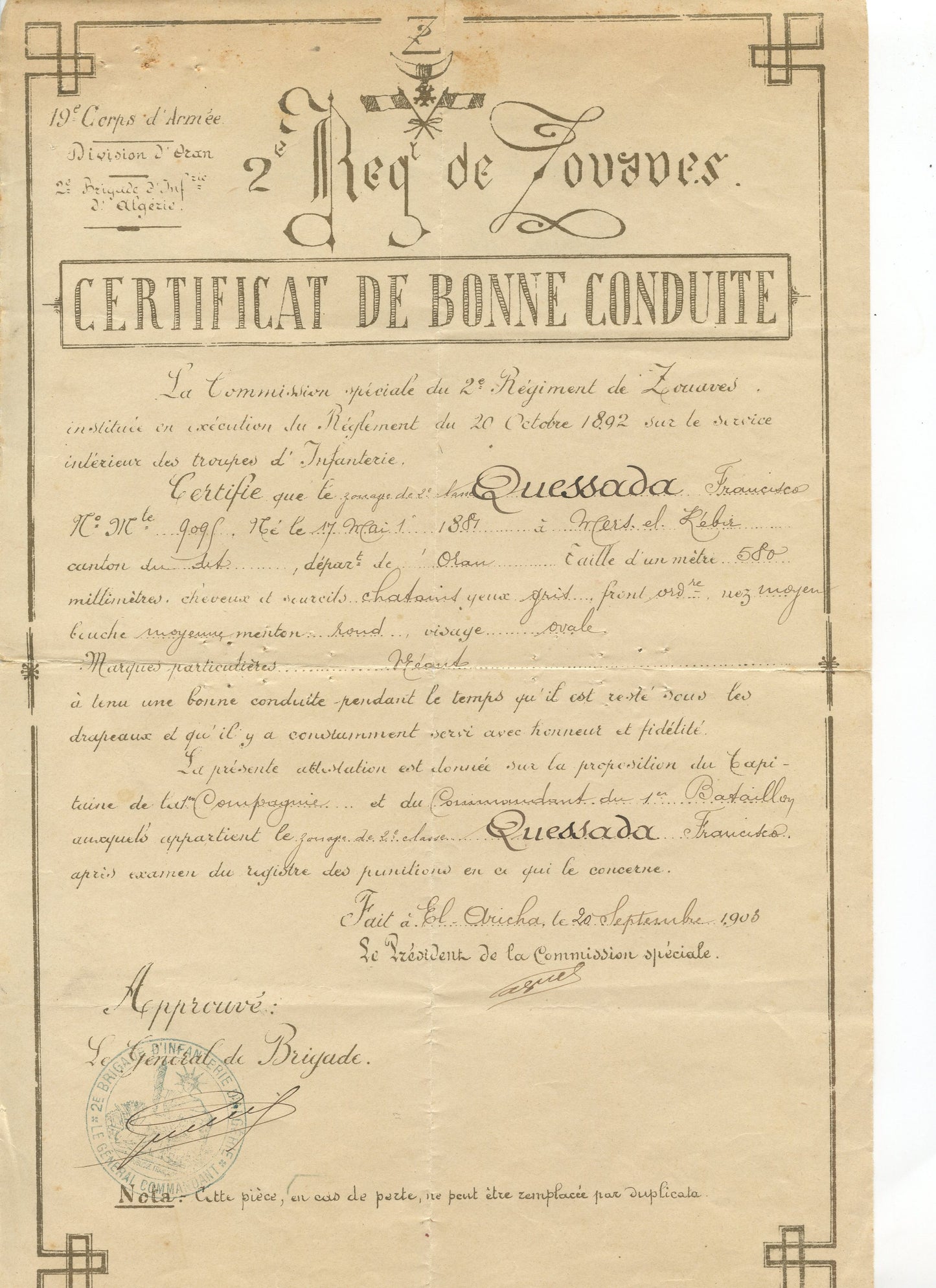 certificat de bonne conduite d'un Zouave du 2ème régiment, français d'Algérie d'Oran 1903