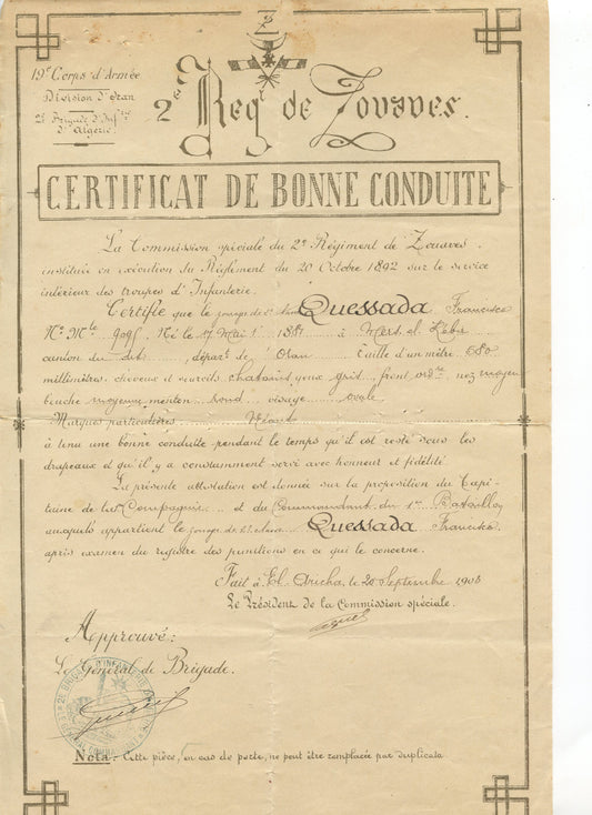 certificat de bonne conduite d'un Zouave du 2ème régiment, français d'Algérie d'Oran 1903