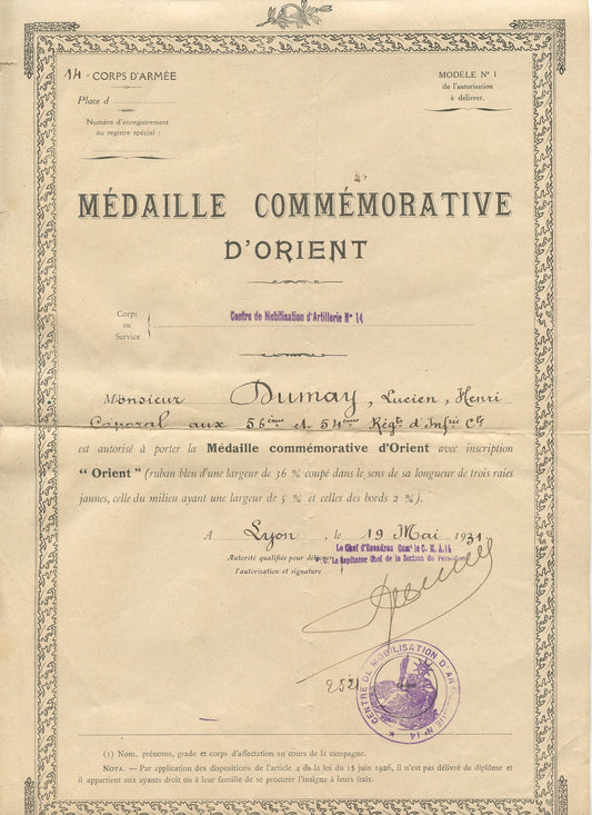 diplôme médaille d'orient et interalliée pour un caporal 56° et 54°RIC coloniale