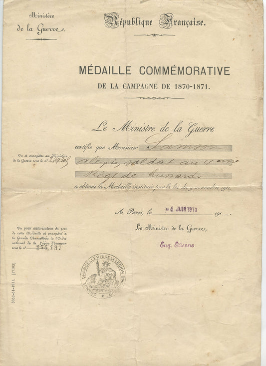 diplome médaille commémorative de 1870-71 4° régiment de hussards