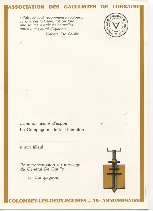 diplôme vierge de parrainage par un compagnon de la libération de Lorraine