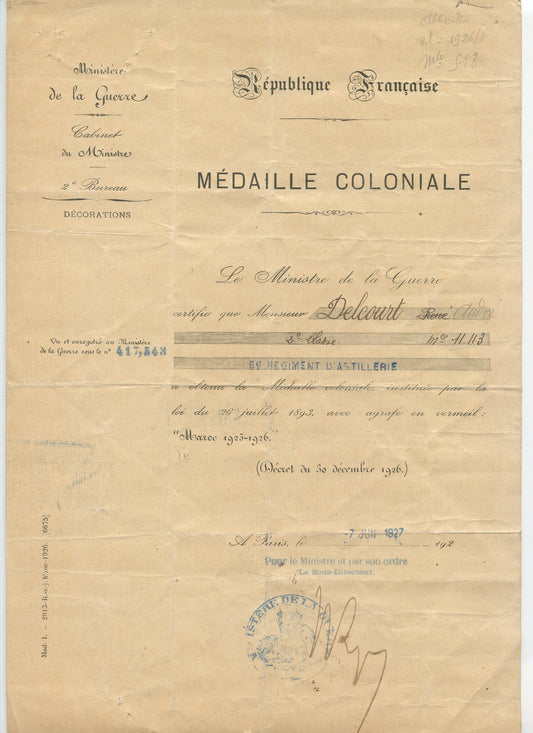 diplôme médaille coloniale agrafe Maroc 1925-26 avec photos et diplôme de préparation militaire de son fils