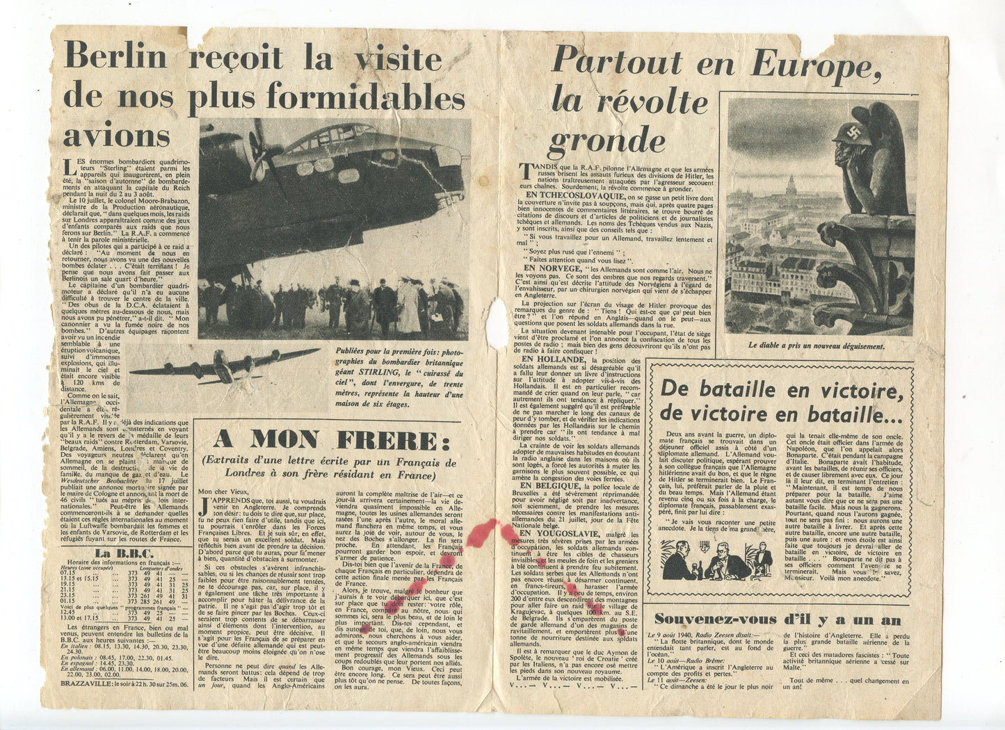 tract le courrier de l'air distribué par la RAF en 1941 en état moyen, déchirures