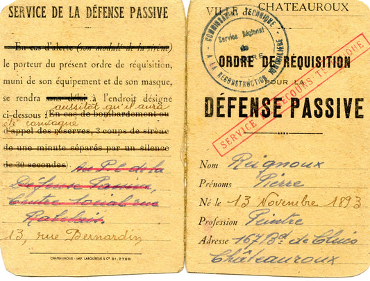 carte défense passive Equipes nationales ville de Châteauroux ordre de réquisition 1940-44