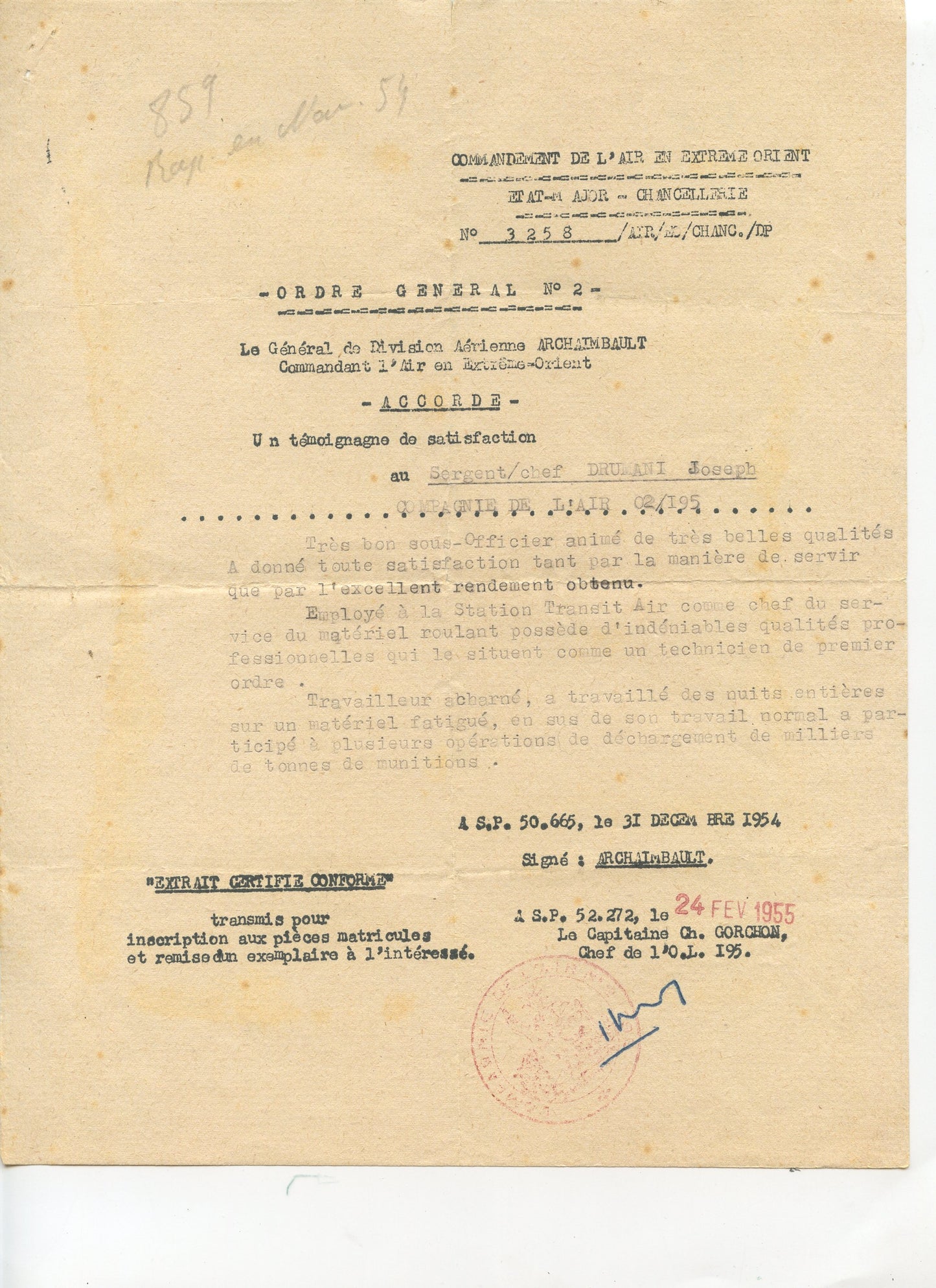 témoignage de satisfaction d'un aviateur en Indochine 1954