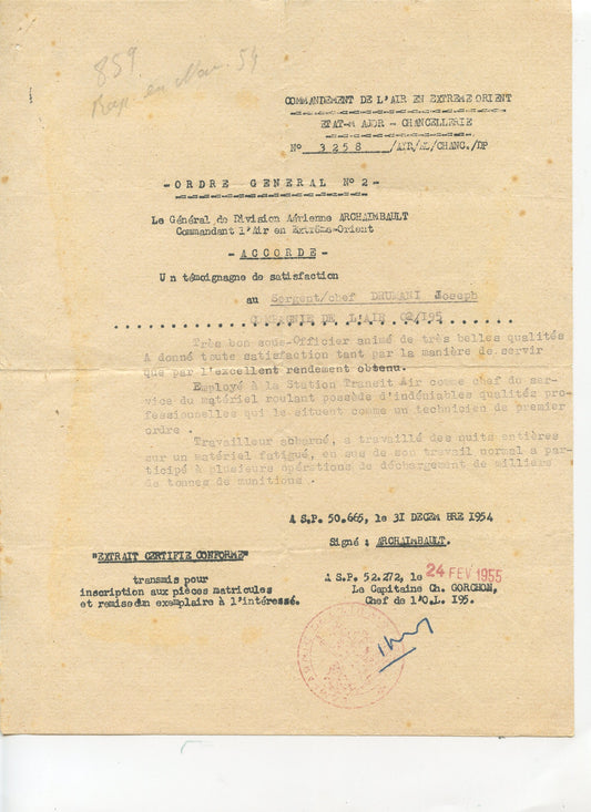 témoignage de satisfaction d'un aviateur en Indochine 1954