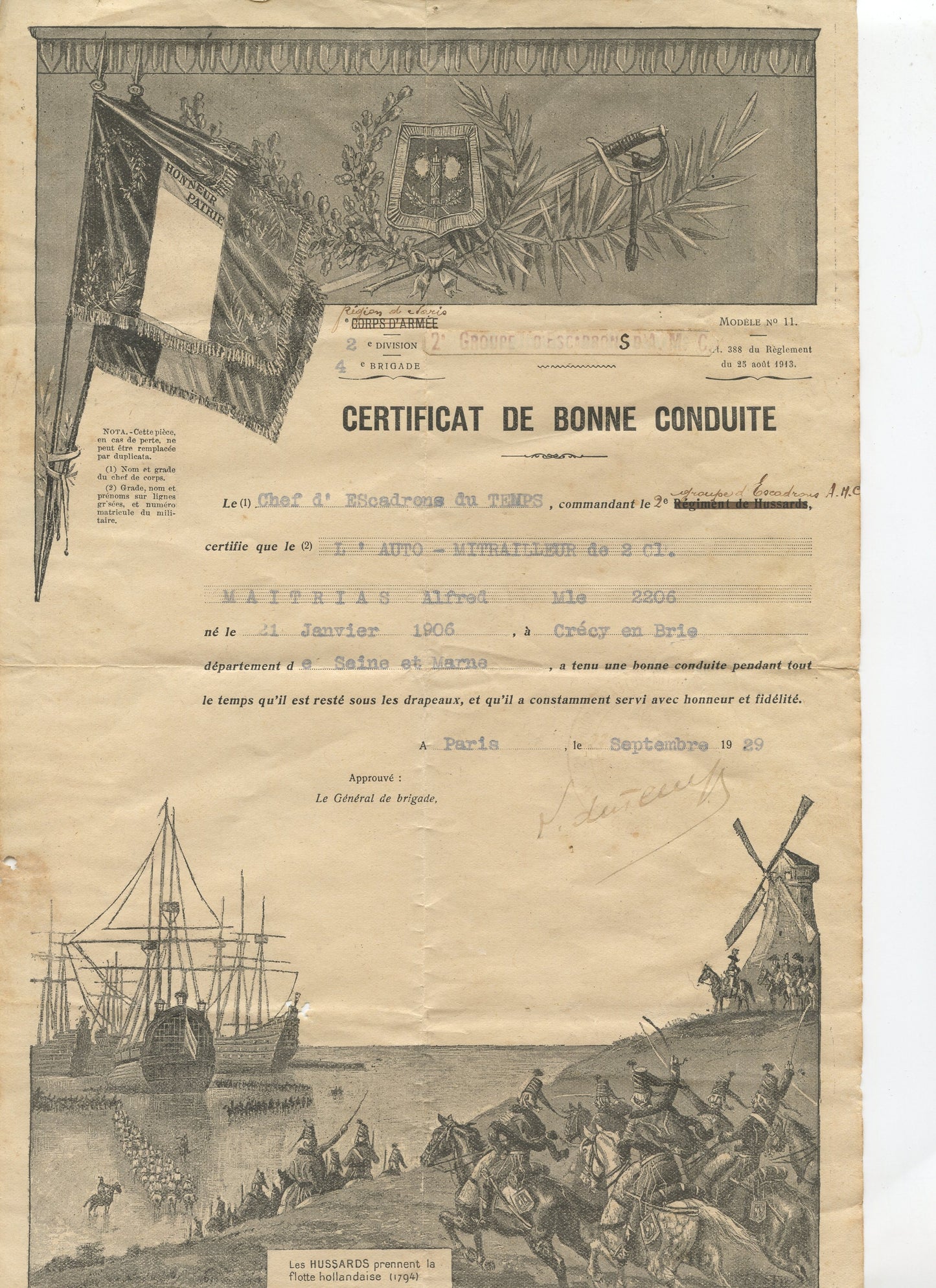 certificat de bomme conduite soldat 2° groupe d'auto mitrailleuses 1929