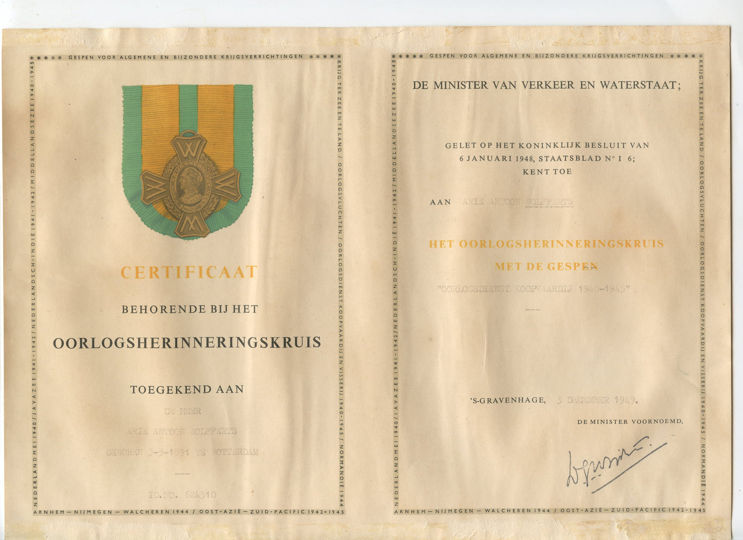 diplome médaille commémorative 1939-45 Pays Bas pour un Hollandais