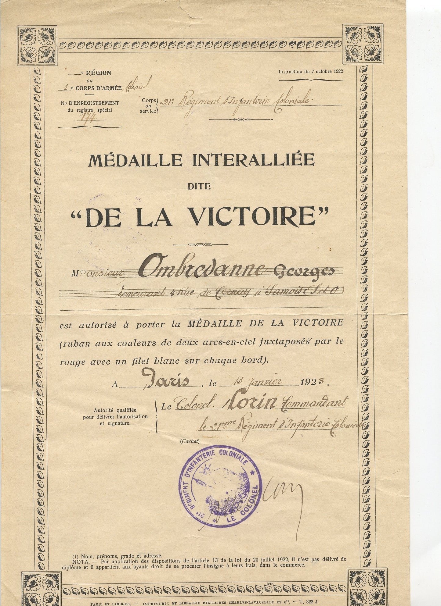 lot de 3 diplômes CBC 26°RI, interalliée 21°RI colonial, lettre chevalier étoile d'Anjouan