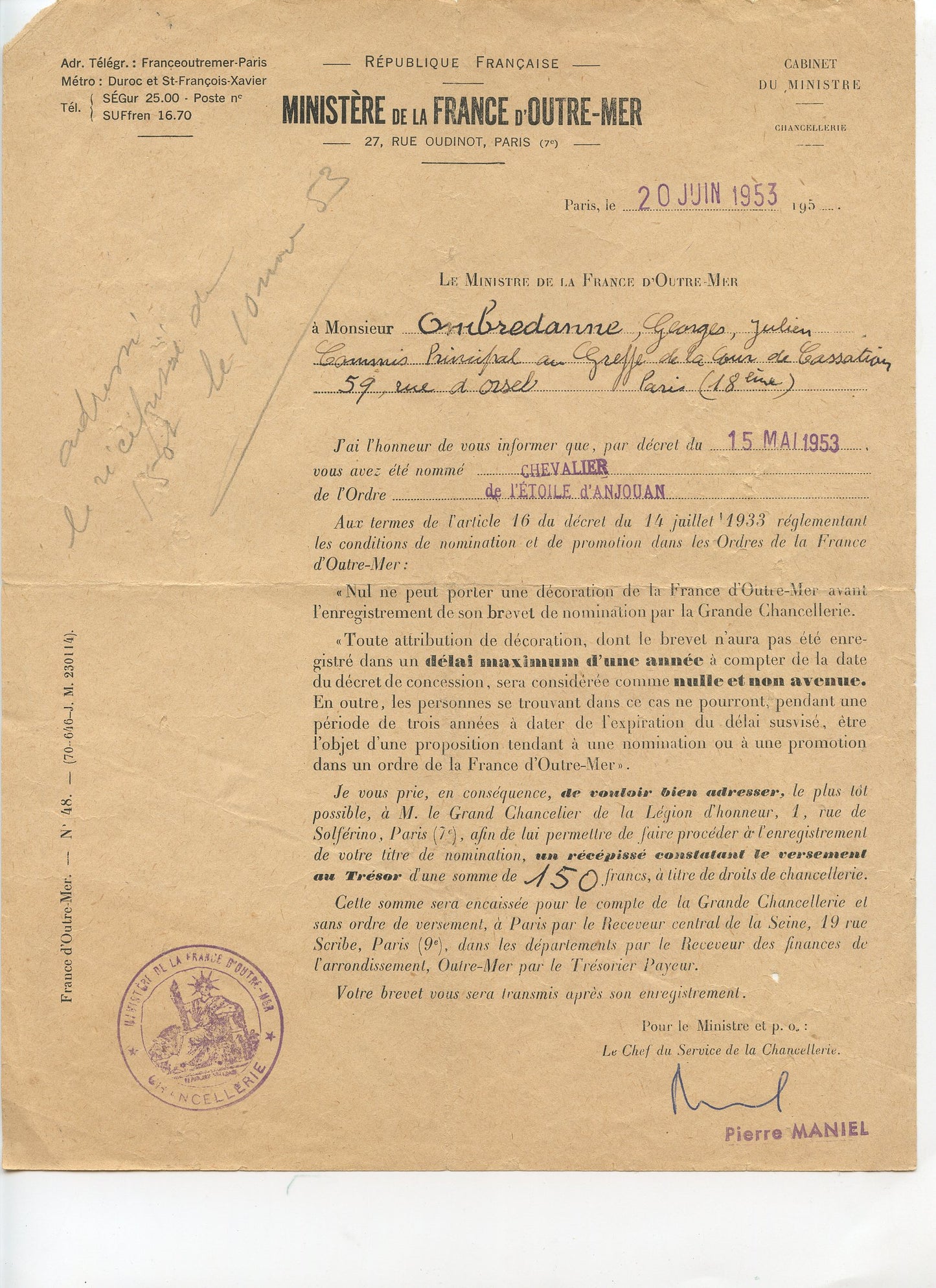 lot de 3 diplômes CBC 26°RI, interalliée 21°RI colonial, lettre chevalier étoile d'Anjouan