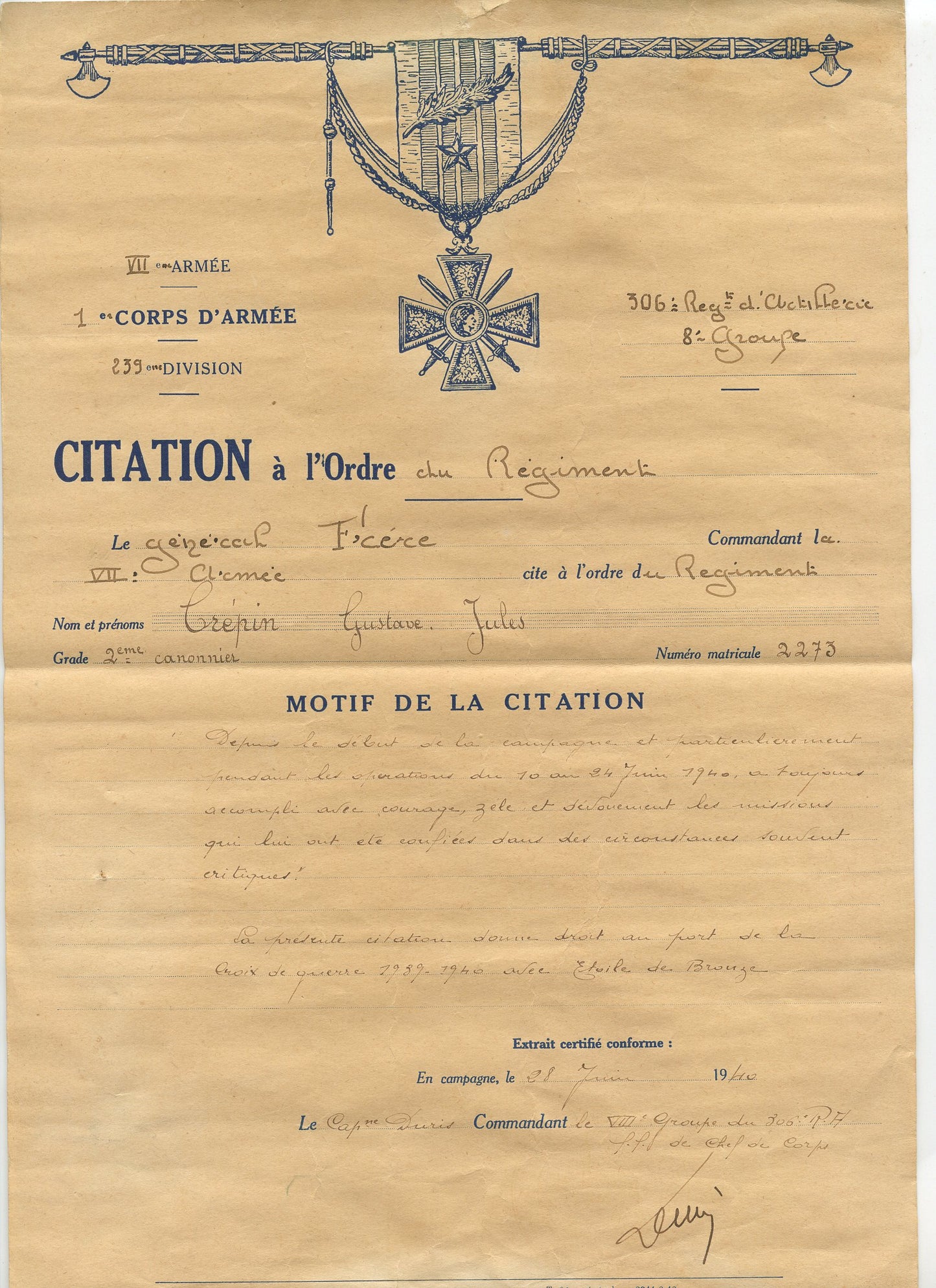 citation à l'ordre du régiment pour un artilleur du 306° RA 1940