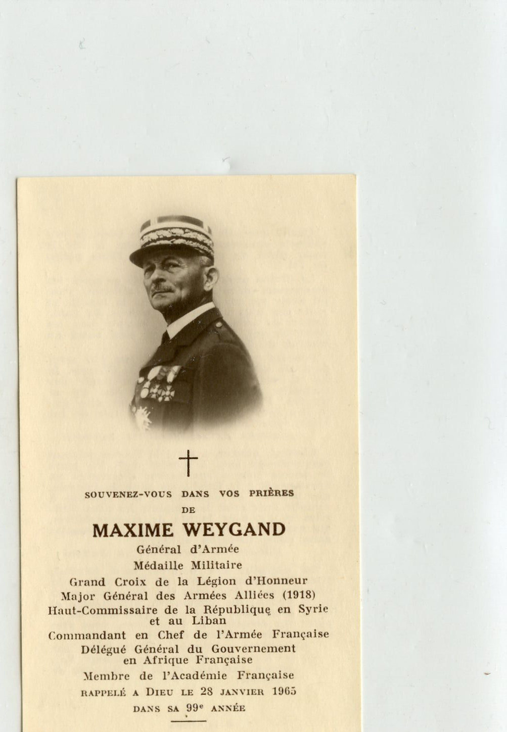 carte avis de décès du général Weygand