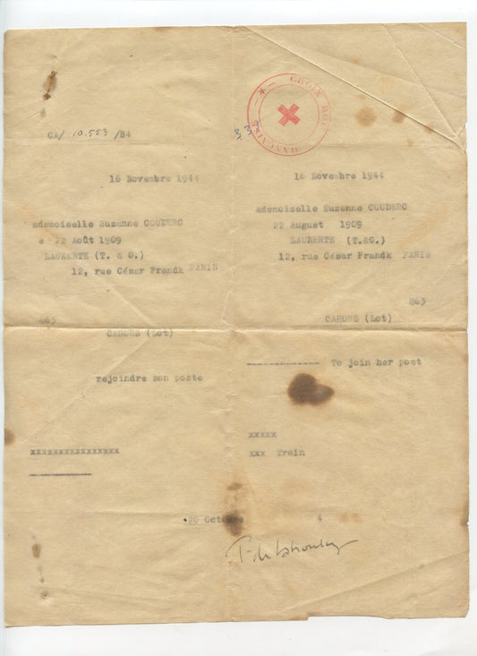ordre de mission de la croix rouge pour une femme 1944