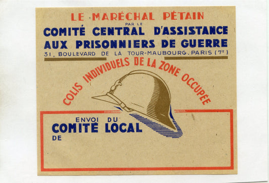 étiquette de colis comité d'assistance aux prisonniers de guerre Maréchal Pétain 1939-45