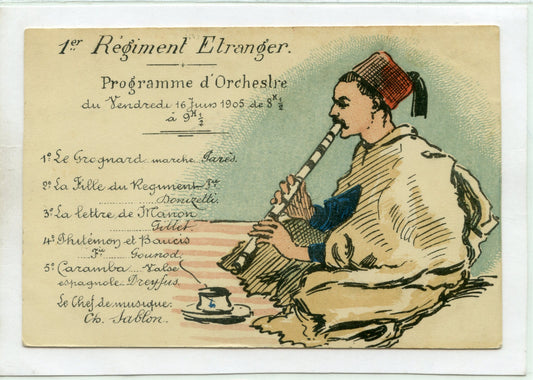 carte programme de l'orchestre du 1° régiment étranger Légion Etrangère 1905