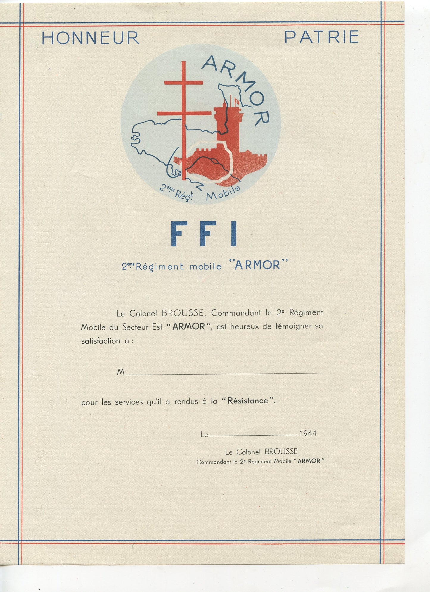 diplôme vierge FFI Armor Bretagne résistance 1939-45