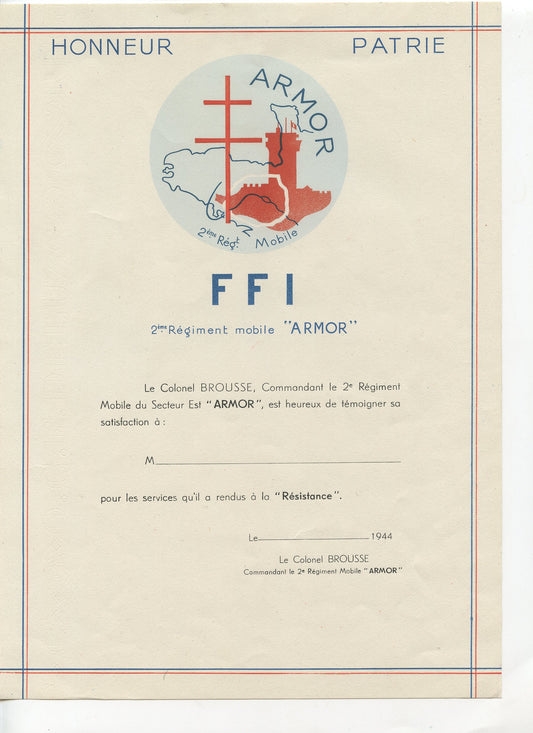 diplôme vierge FFI Armor Bretagne résistance 1939-45