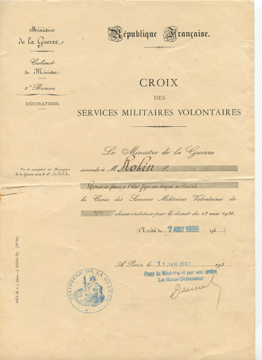 diplôme croix des services militaires volontaires 1937, capitaine en Tunisie