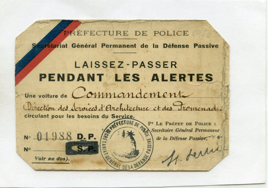 carte laisser passer pendant les alertes défense passive de Paris 1939-45