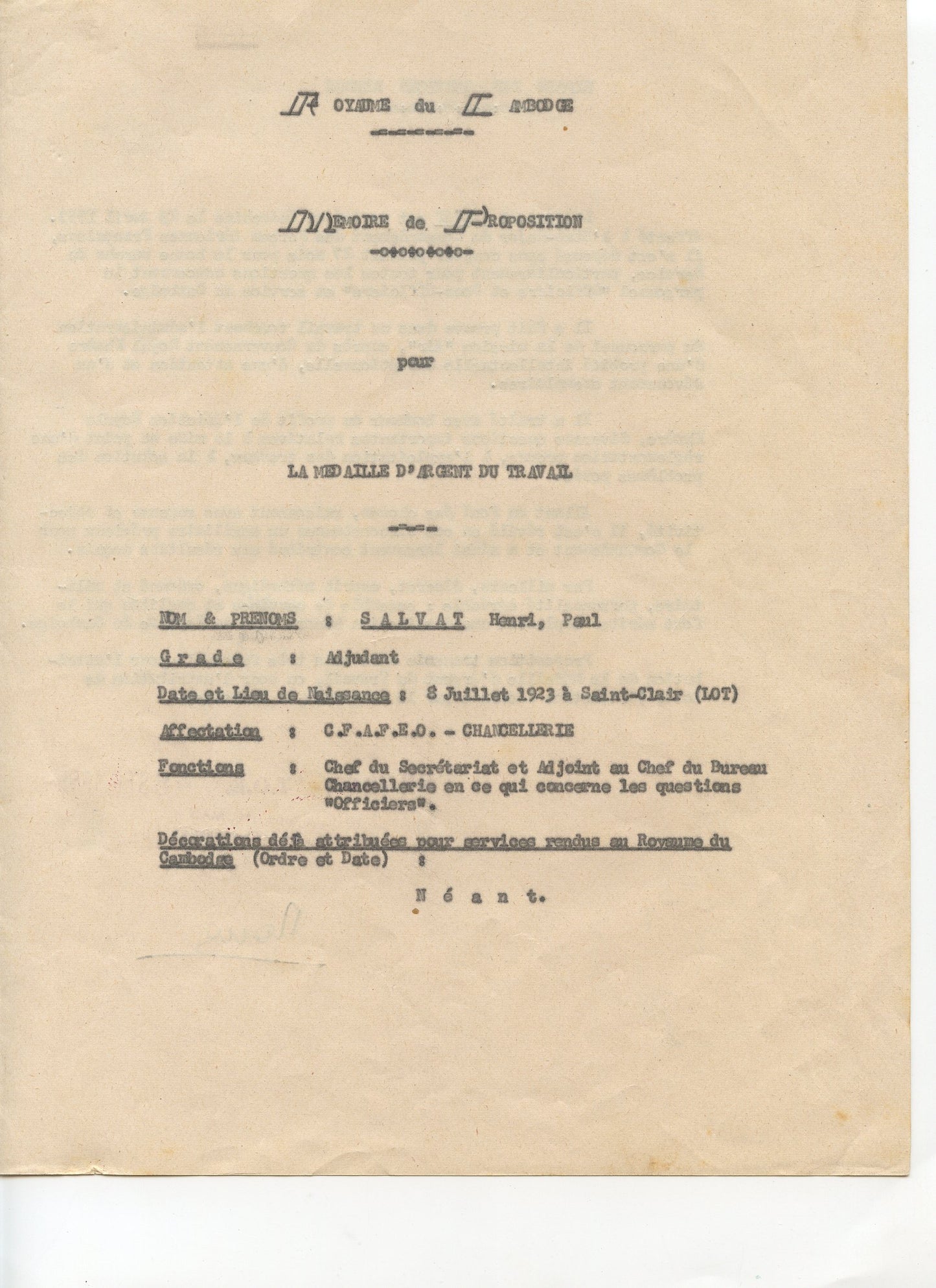 Indochine : mémoire de proposition pour la médaille d'argent du travail du Cambodge militaire armée de l'air