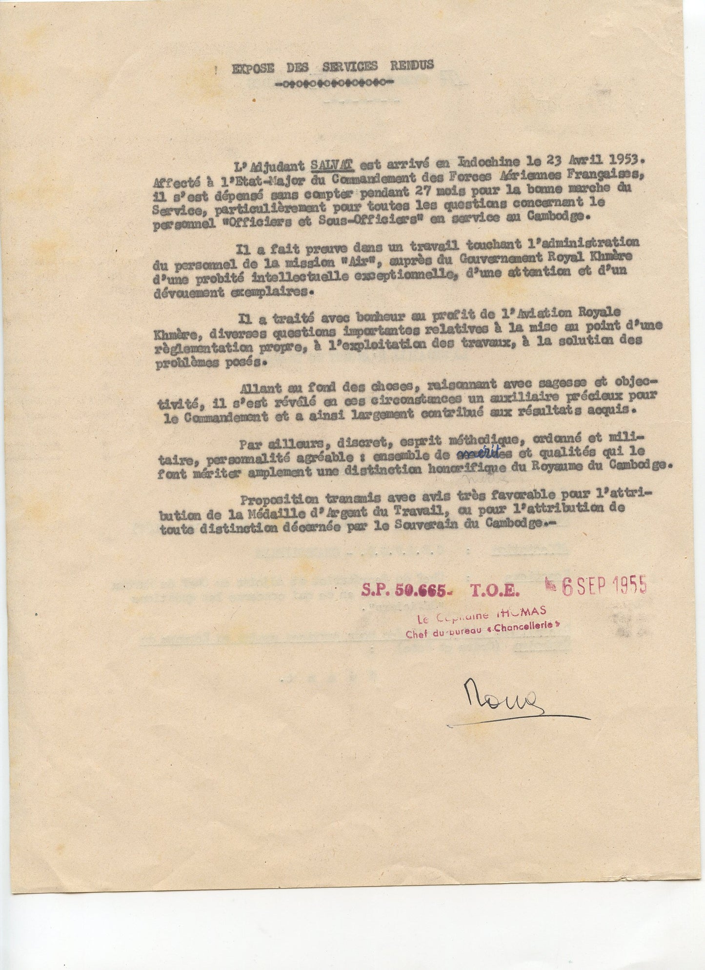 Indochine : mémoire de proposition pour la médaille d'argent du travail du Cambodge militaire armée de l'air