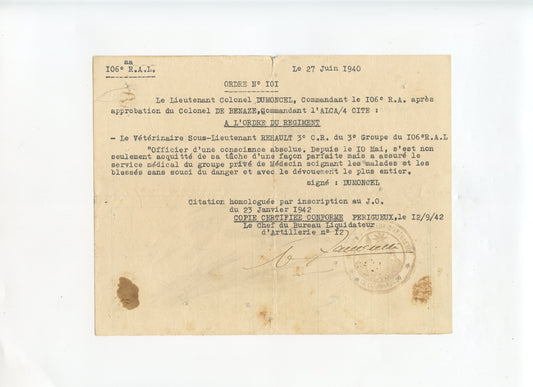 1939-1940: citation à l'ordre du régiment d'un vétérinaire 106ème rgt d'artillerie lourde