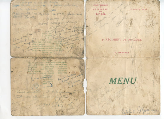 menu du 4° régiment de dragons en Indochine, Cavalerie, avec dédicaces
