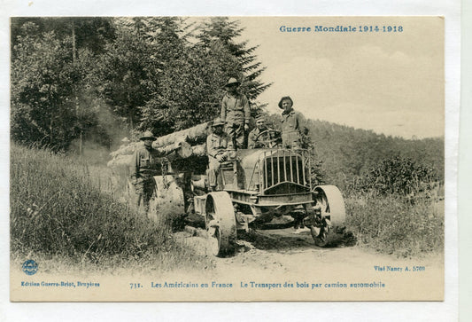 carte postale transport de bois par les américains Vosges 1914-1918